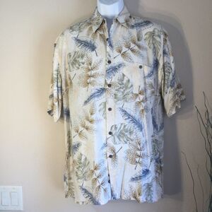 Moda Campia Hawaiian Shirt Rayon Tropical Leaf Print White Blue Tan Mens Medium